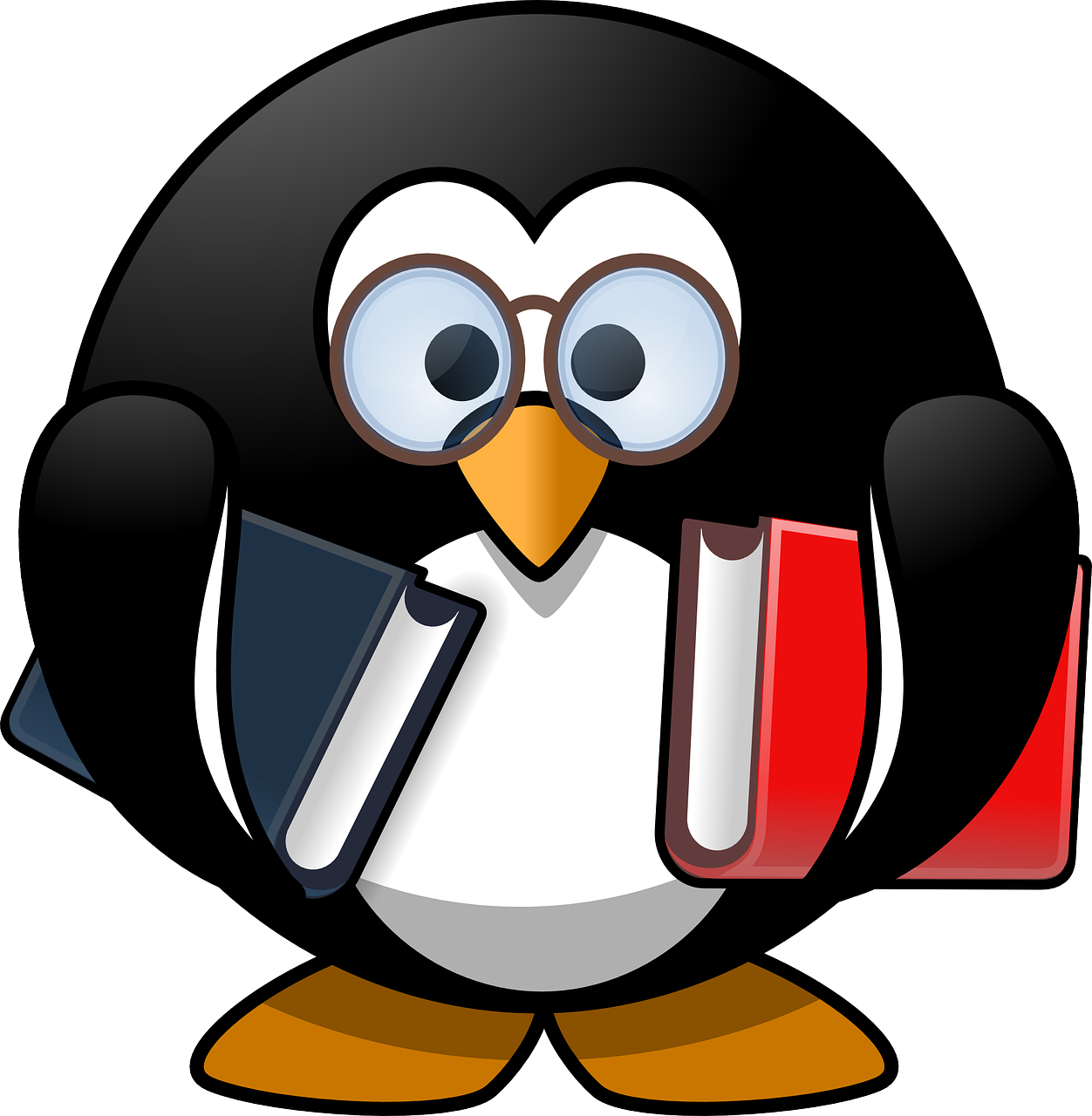 Pingouin à lunettes, portant deux livres
